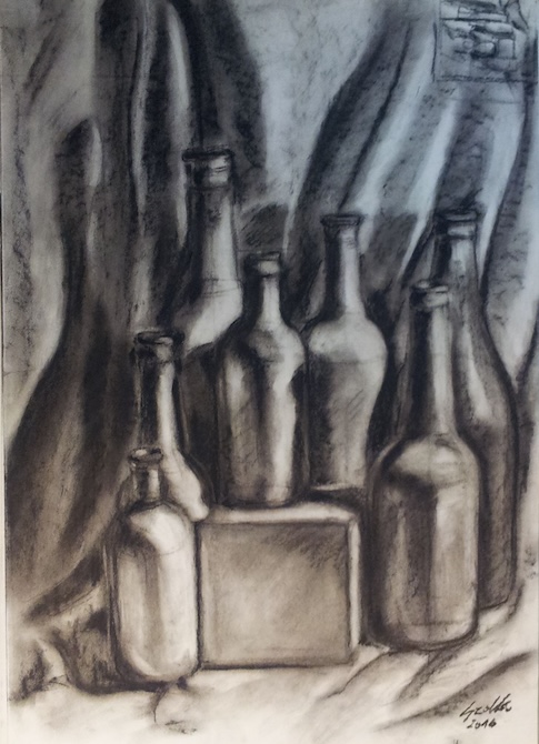 20140428 194631 Csendélet üvegek és kocka, szén, papír, A2, 2014