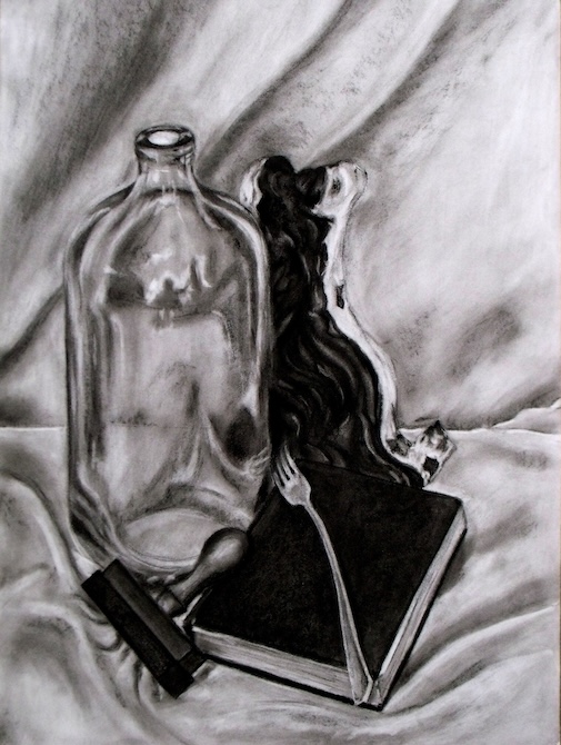 Csendélet szódásüveggel, szén, papír, A3, 2014