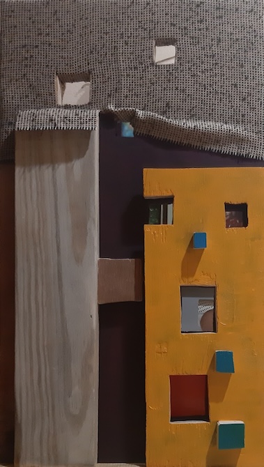 Egyensúly, vegyes technika (fa, akril, textil), 24,5×44 cm, 2023