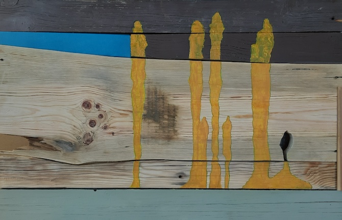 Erdő (Hommage a Giacometti), vegyes technika (fa, akril, textil), 58×90 cm, 2023