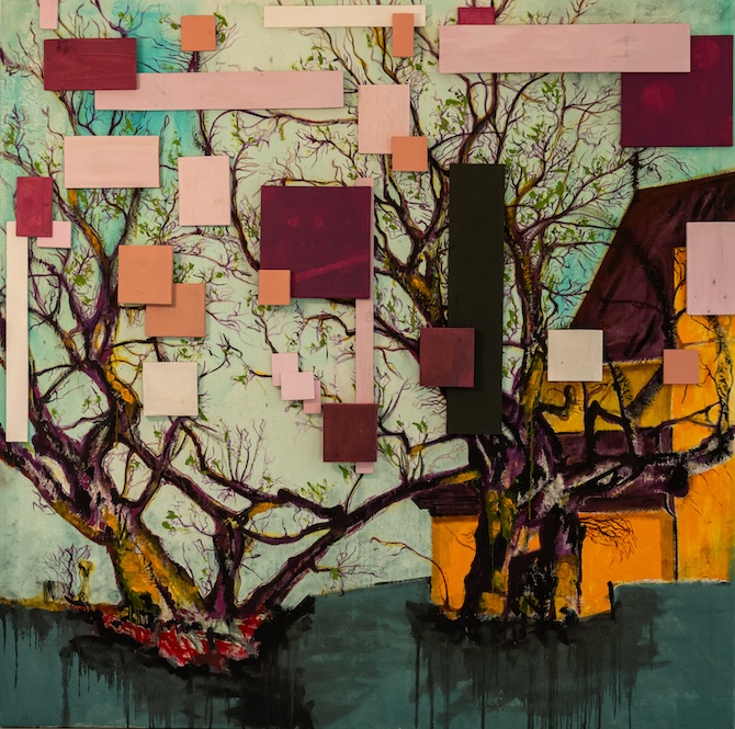 Júdás, vegyes technika (akril, vászon, textil, fa), 200×200 cm, 2024