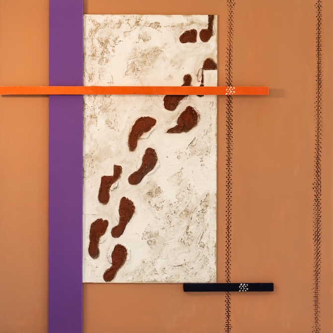 Karsai – Mikor az ember nyomhagyása megváltozik!, vegyes technika (akril, vászon, textil, fa, csemperagasztó), 200×200 cm, 2024