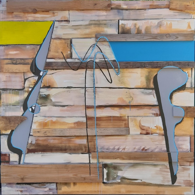 Mulatság után rendrakásra felkészülve, vegyes technika (fa, akril, textil), 200×200×3 cm, 2025
