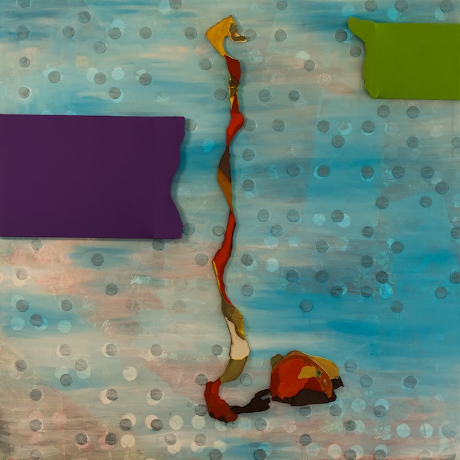 Narantshéj-térben, vegyes technika (akril, textil, fa), 200×200 cm, 2024