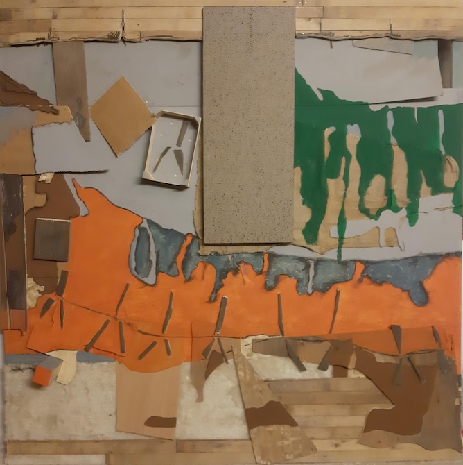 Osztott terek (I.), vegyes technika (fa, akril, juta, textil), 200×200×20 cm, 2025