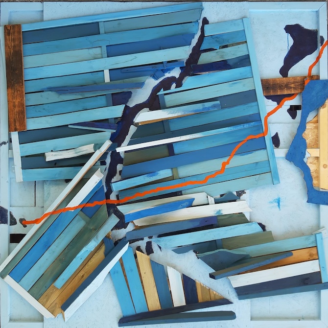 Rakonczay, vegyes technika (akril, leselejtezett fa kerítéstábla „zajvédőfal”), 200×200×40 cm, 2025