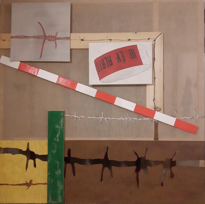 Schengen, vegyes technika (fa, akril, műanyag, vászon, juta, textil, fémháló), 200×200×5 cm, 2025