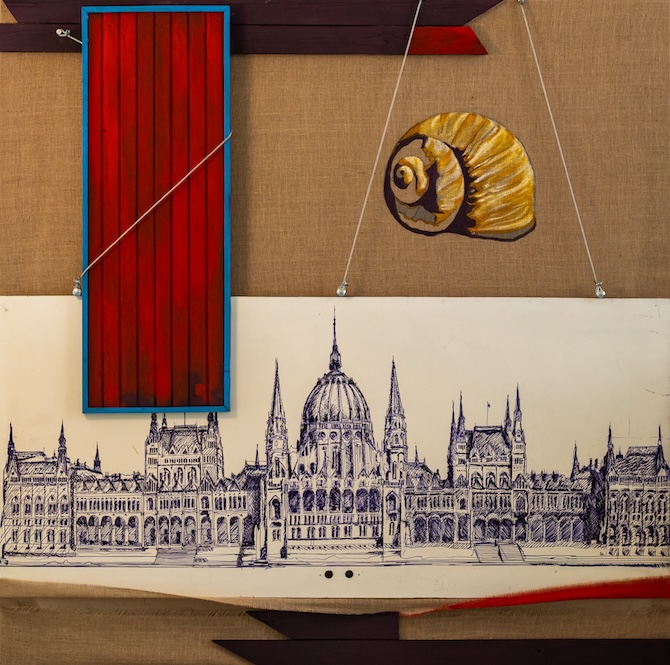 Szágház-CSIGAház avagy a folyóparton bármi megtörténhet., vegyes technika (akril, jutavászon, fa, fém), 200×200 cm, 2024