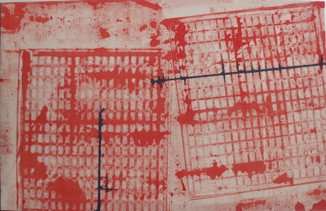 Vörös kék erezet (Lábrács, Lábtörlő képek), 58×90 cm, 2017
